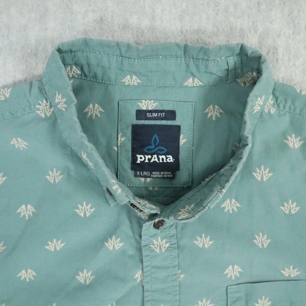Prana Agave Leaf AOP Shirt Mens XL Teal Green Slim Fit Button Down Organic Blend - Picture 3 of 7
